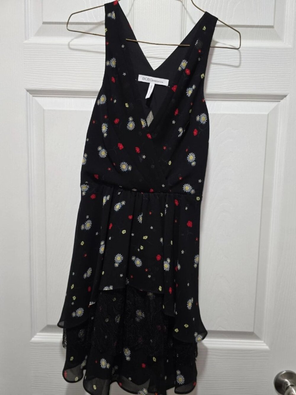 BCBG Little Black Dress Lace Ruffles Tiered Floral Fairy Whimsy Holiday Size 0